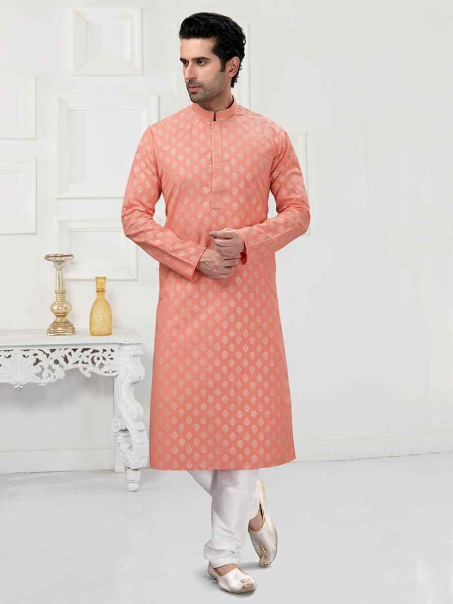 Light Peach Cotton Woven Festival Wedding Kurta
