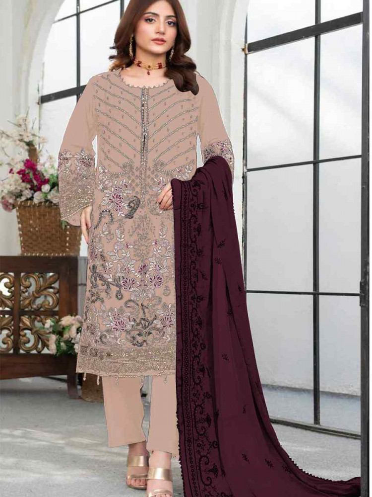 Light Peach Faux Georgette Embroidered Festival Wedding Pant Salwar Kameez
