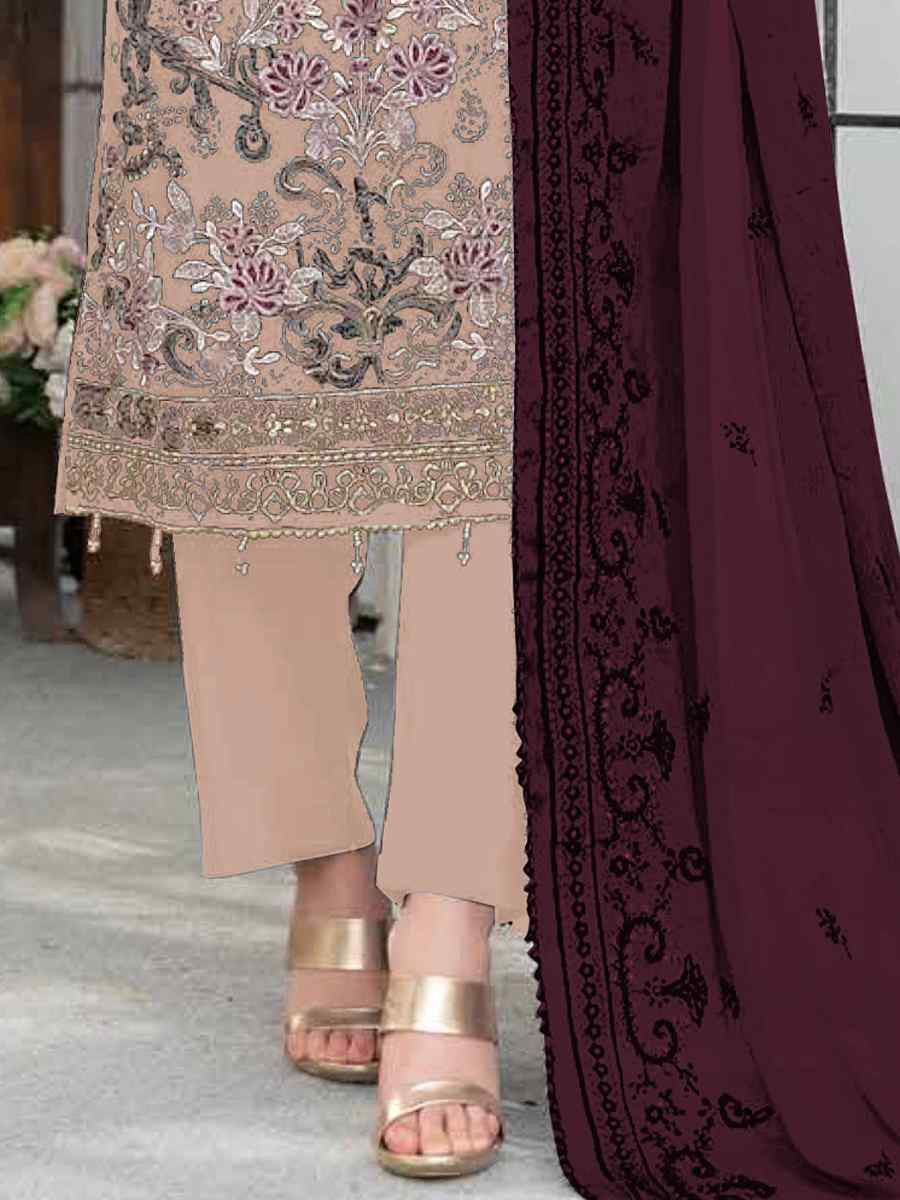 Light Peach Faux Georgette Embroidered Festival Wedding Pant Salwar Kameez