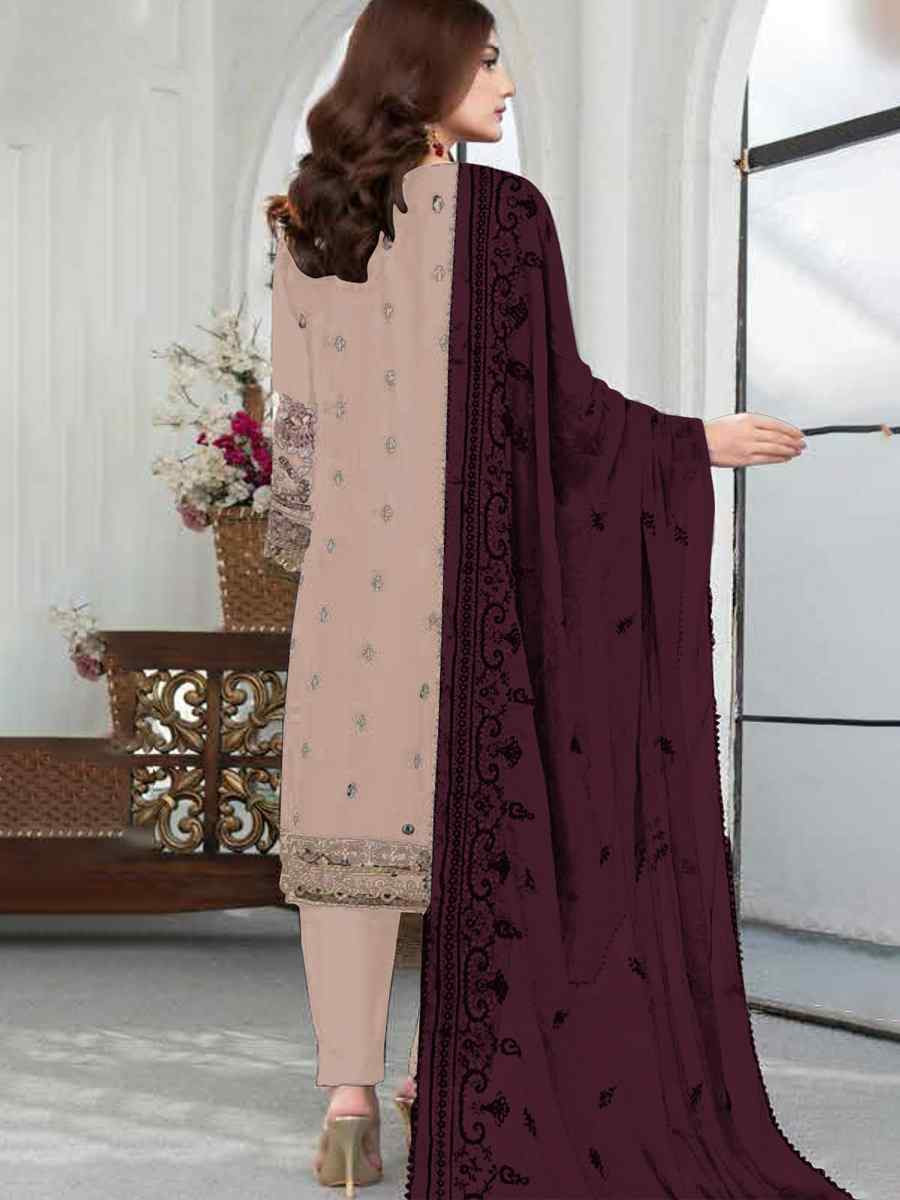 Light Peach Faux Georgette Embroidered Festival Wedding Pant Salwar Kameez