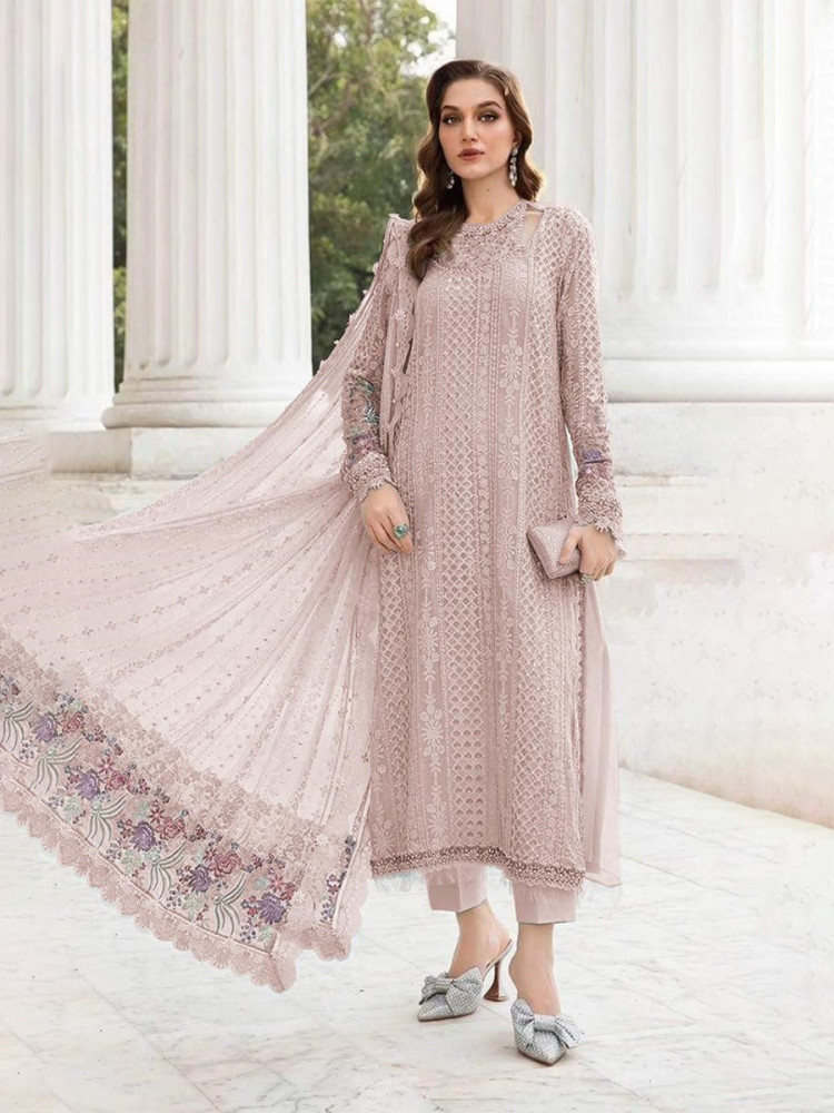 Image of Light Peach Georgette Embroidery Zari Wedding Party Festival Casual Pant Salwar Kameez