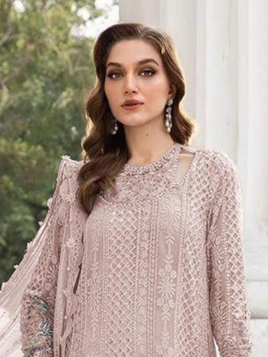 Light Peach Georgette Embroidery Zari Wedding Party Festival Casual Pant Salwar Kameez