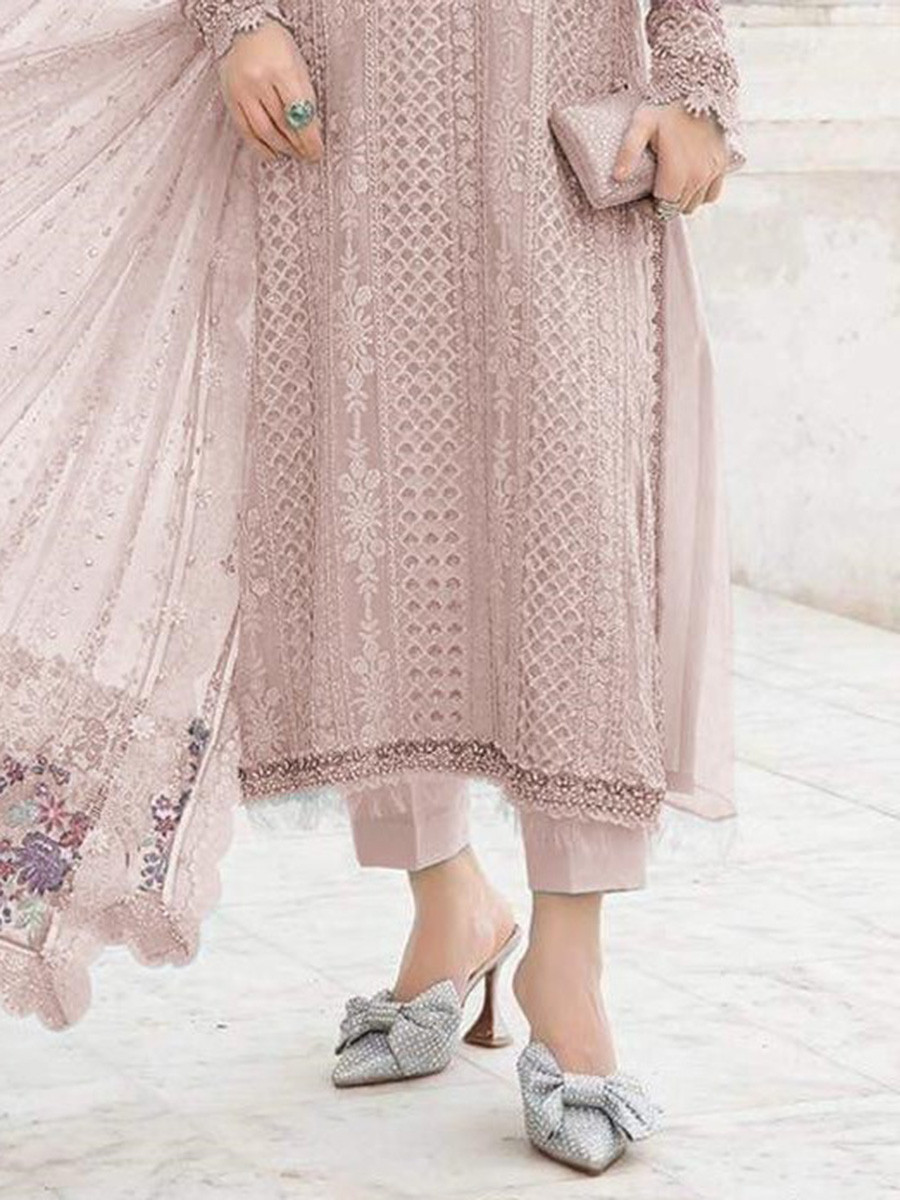 Light Peach Georgette Embroidery Zari Wedding Party Festival Casual Pant Salwar Kameez