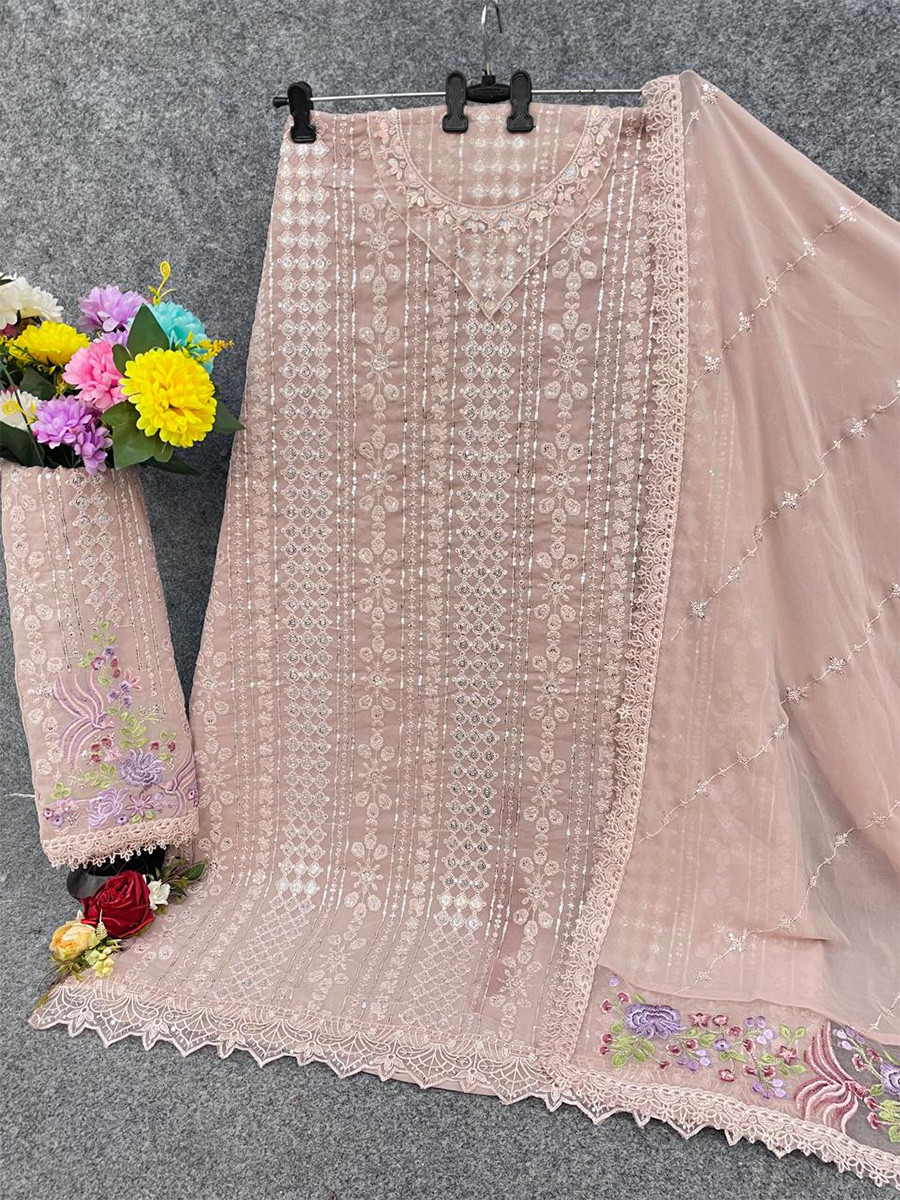 Light Peach Georgette Embroidery Zari Wedding Party Festival Casual Pant Salwar Kameez