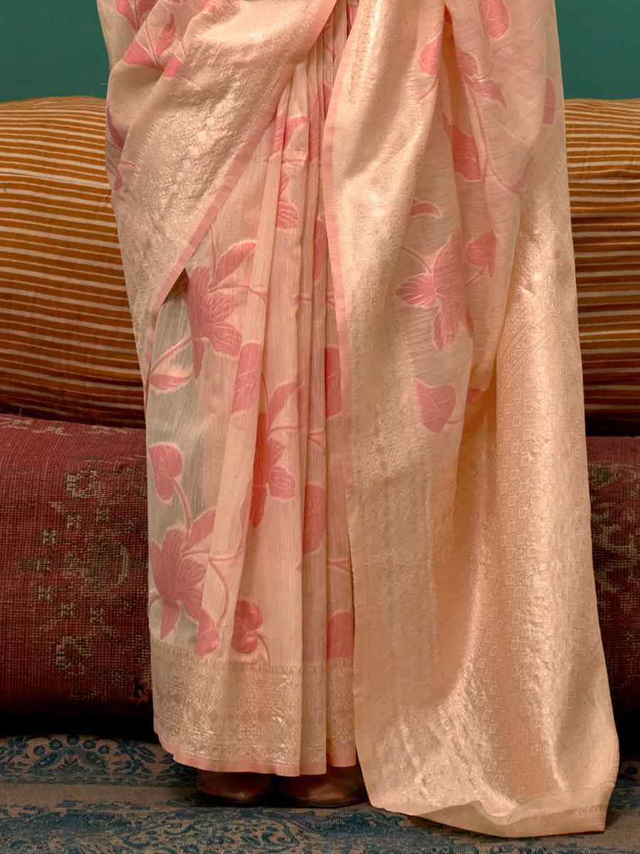 Light Peach Handloom Linen Handwoven Festival Casual Heavy Border Saree