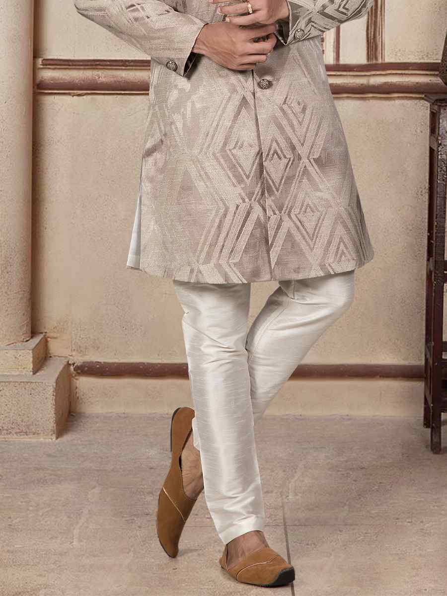 Light Peach Jacquard Woven Festival Wedding Sherwani Kurta