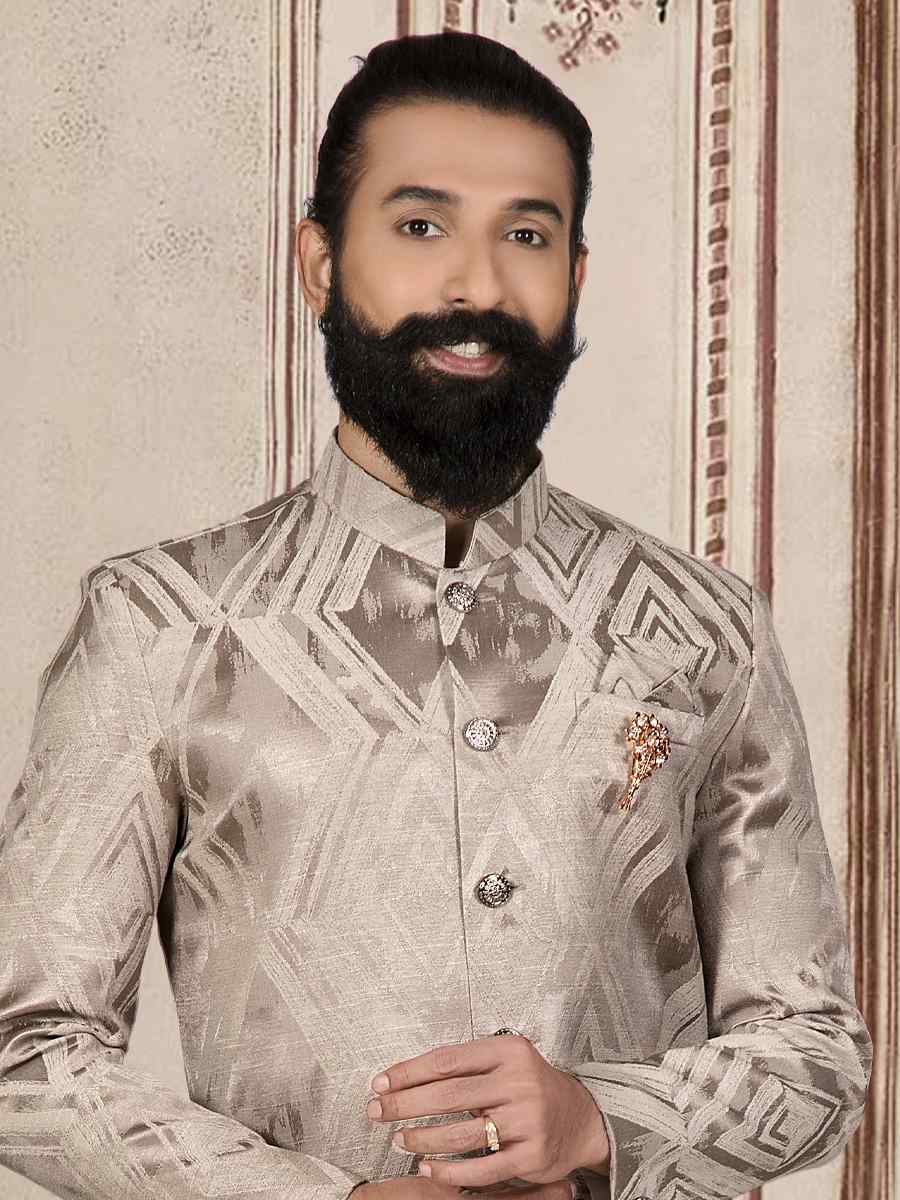Light Peach Jacquard Woven Festival Wedding Sherwani Kurta