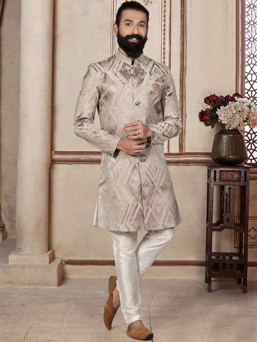 Light Peach Jacquard Woven Festival Wedding Sherwani Kurta