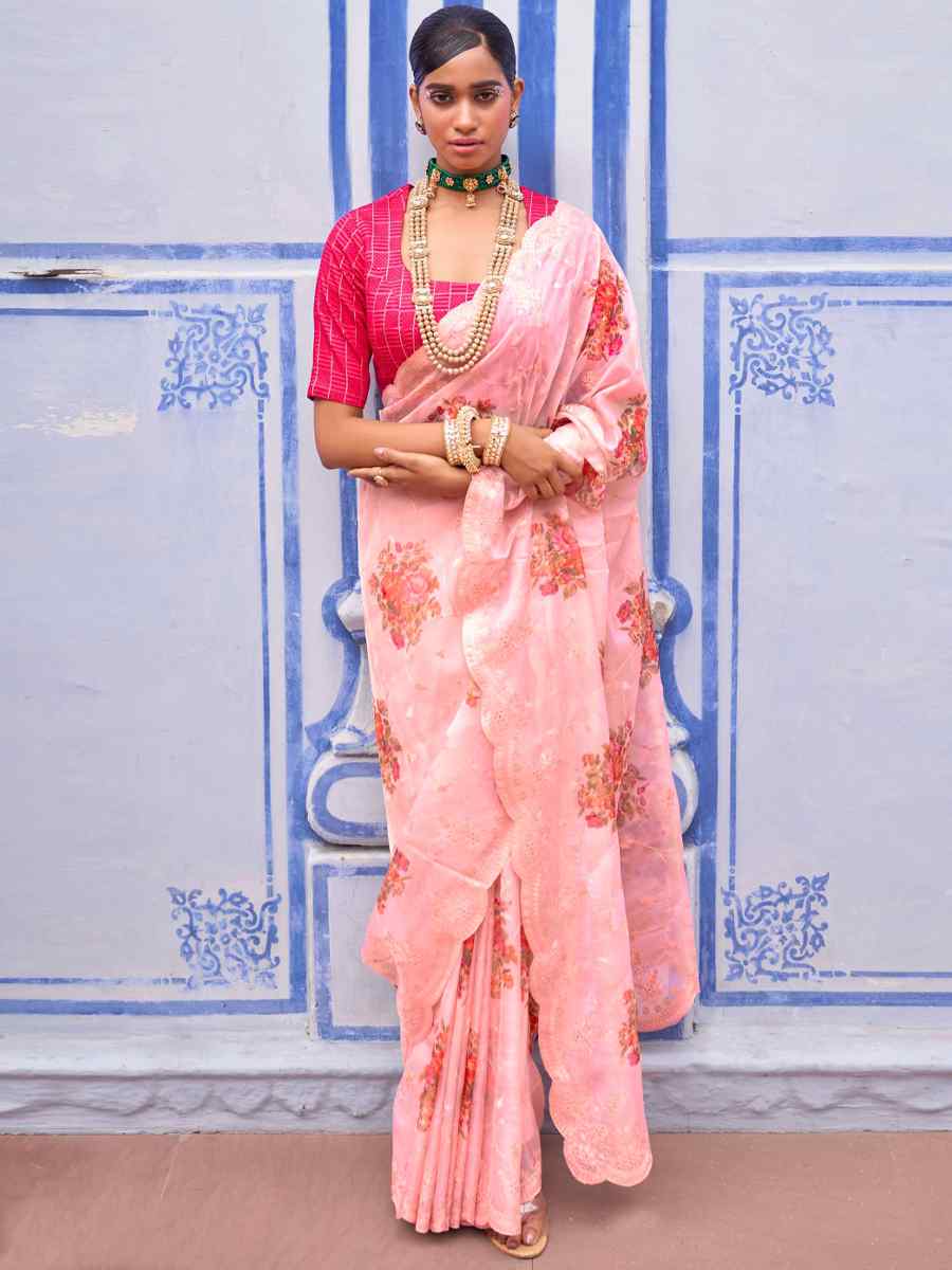 Light Peach Organza Printed Casual Festival Contemporary Saree