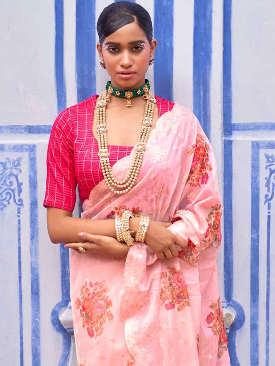 Light Peach Organza Printed Casual Festival Contemporary Saree