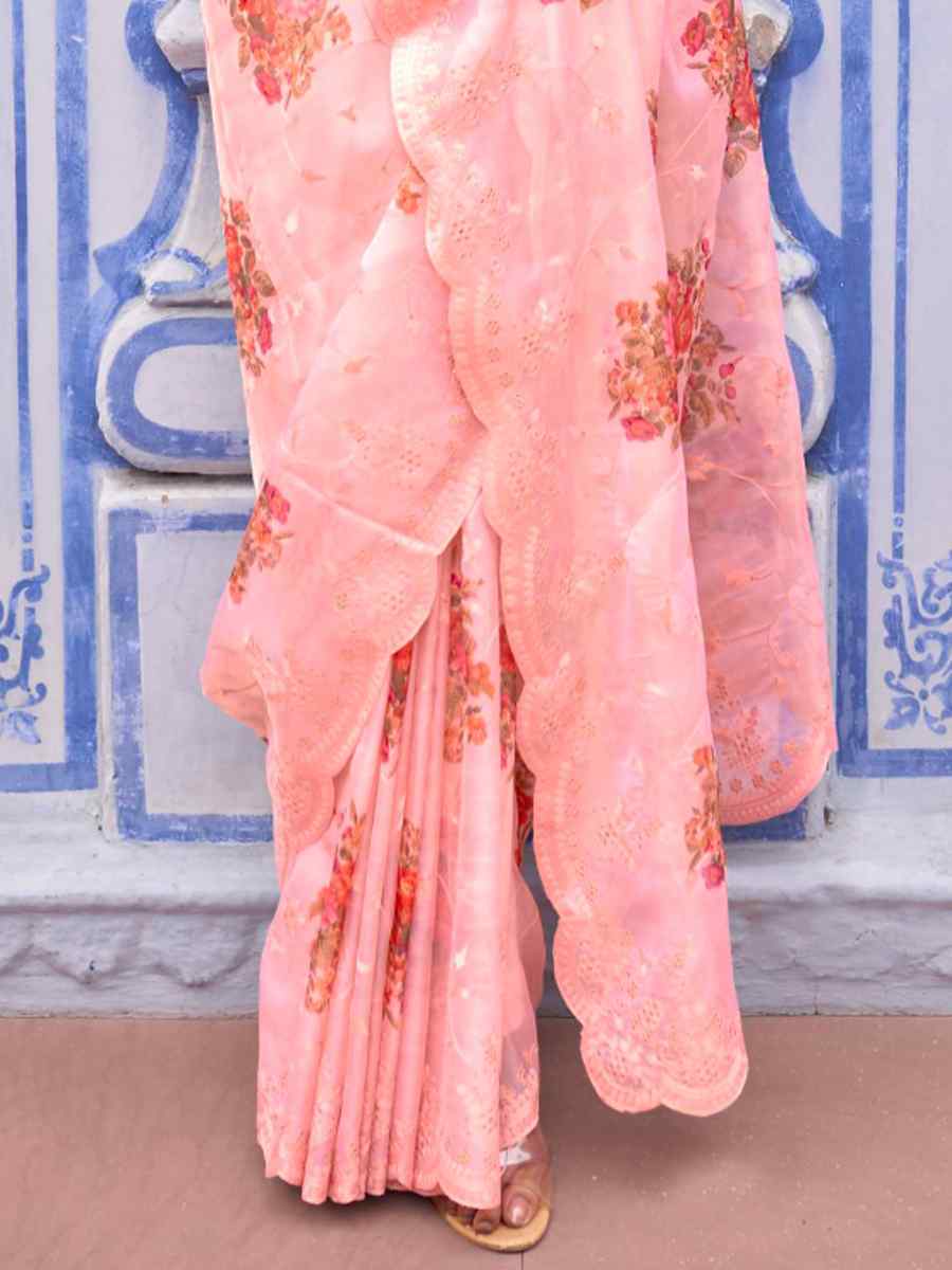 Light Peach Organza Printed Casual Festival Contemporary Saree