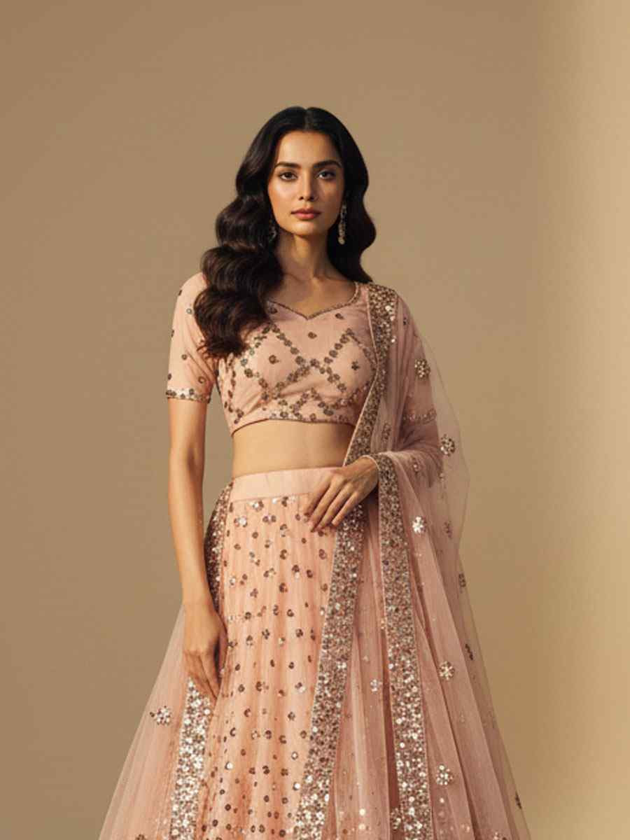 Light Peach Pink Soft Net Embroidered Wedding Reception Festival Heavy Border Lehenga Choli