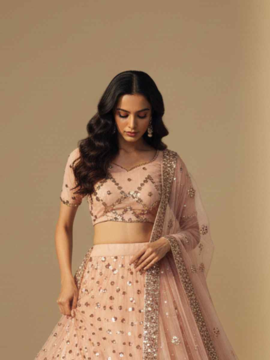 Light Peach Pink Soft Net Embroidered Wedding Reception Festival Heavy Border Lehenga Choli