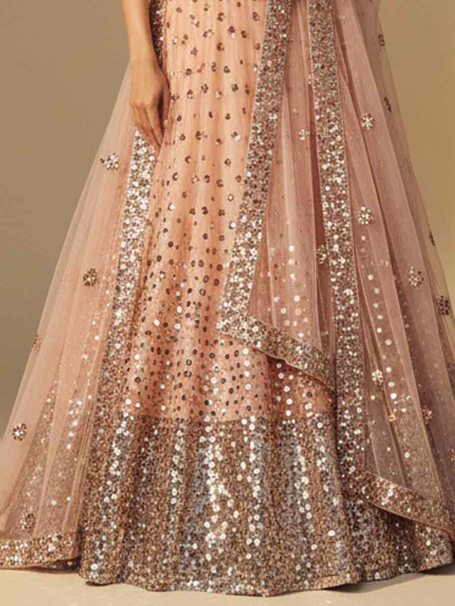 Light Peach Pink Soft Net Embroidered Wedding Reception Festival Heavy Border Lehenga Choli