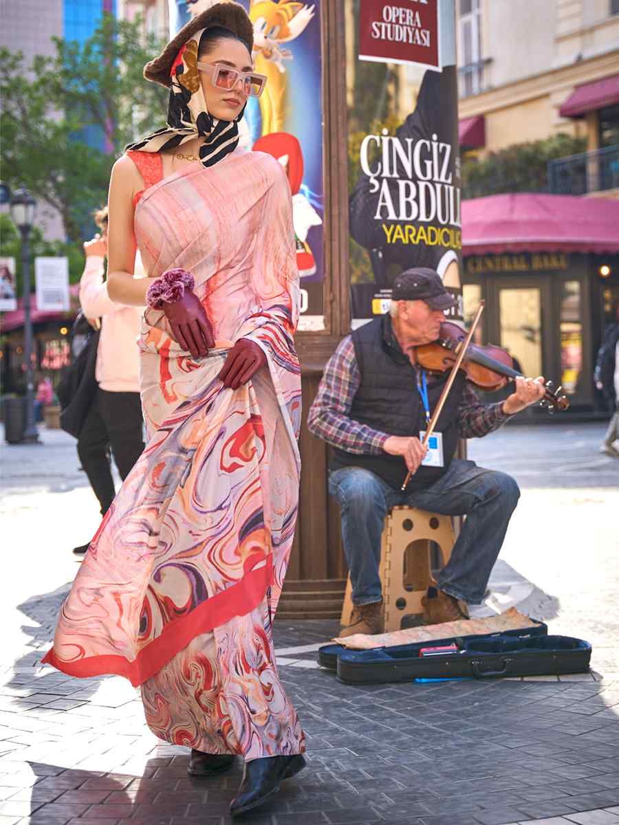 Light Peach Pure Crepe Silk Printed Casual Festival Contemporary Saree