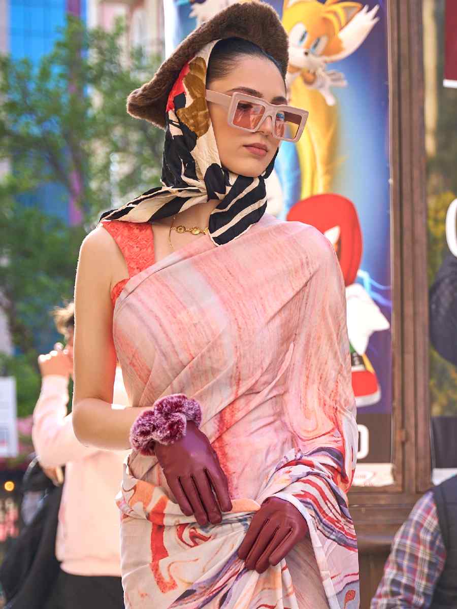 Light Peach Pure Crepe Silk Printed Casual Festival Contemporary Saree