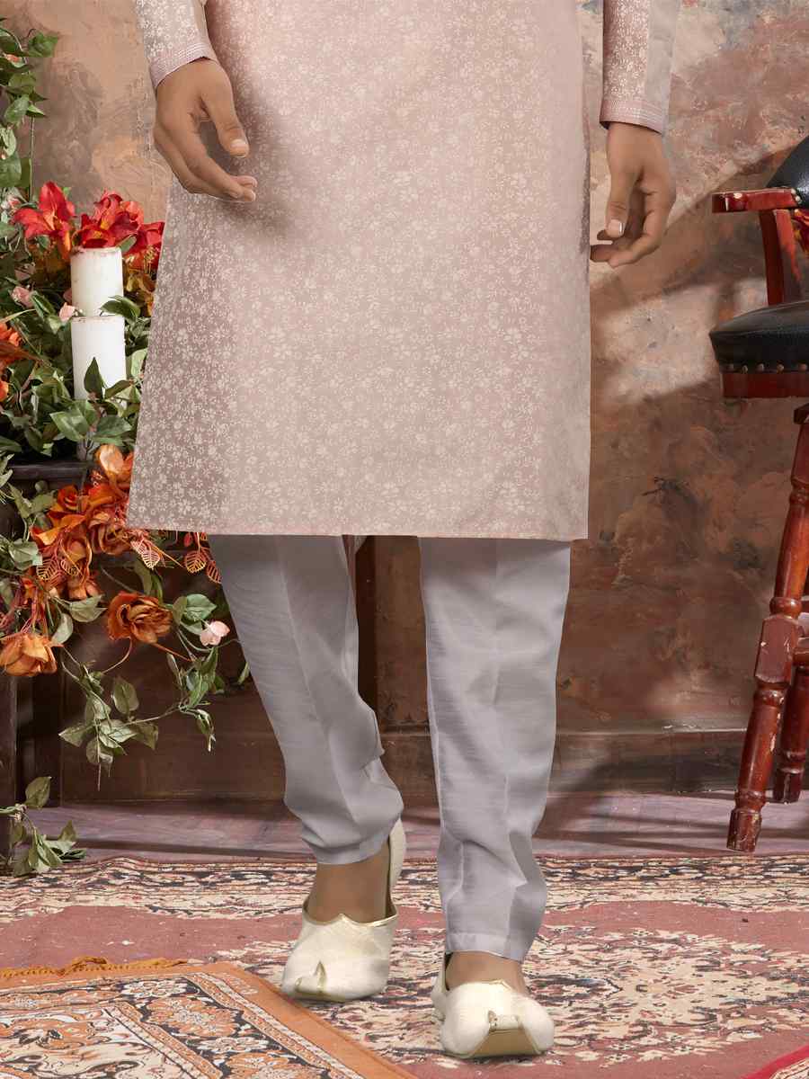 Light Peach Silk Woven Festival Party Kurta