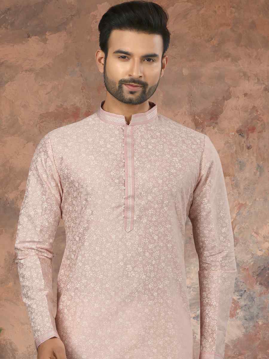 Light Peach Silk Woven Festival Party Kurta