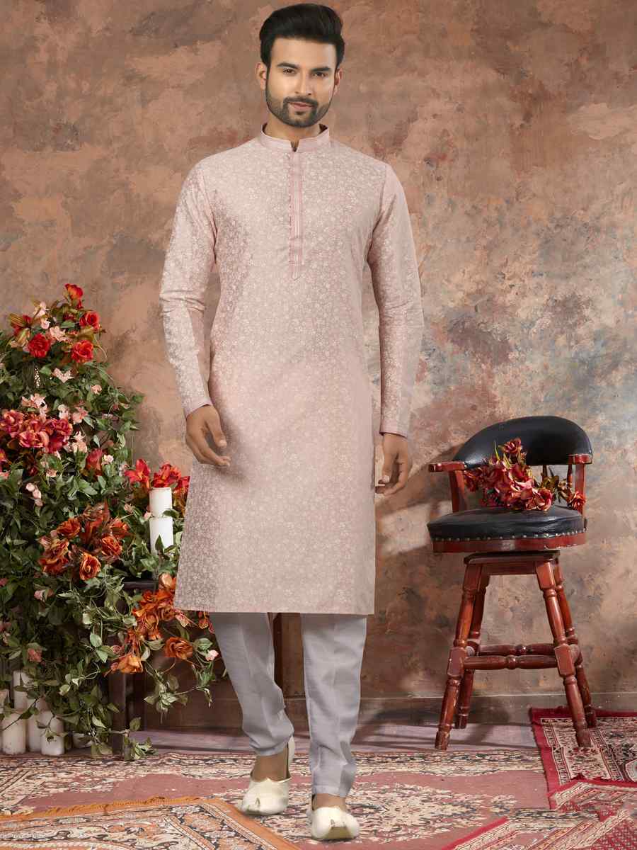Light Peach Silk Woven Festival Party Kurta