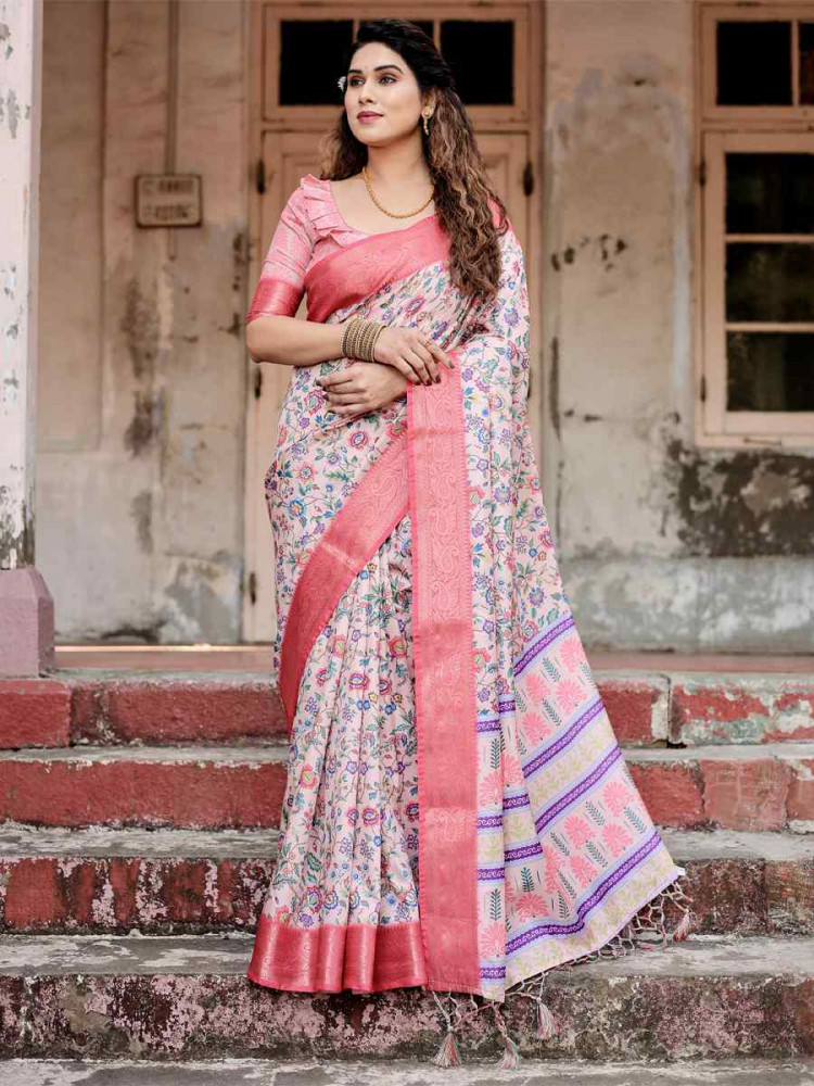 Image of Light Peach Tussar Silk Zari Handwoven Printed Casual Reception Festival Wedding Fancy Heavy Border Saree