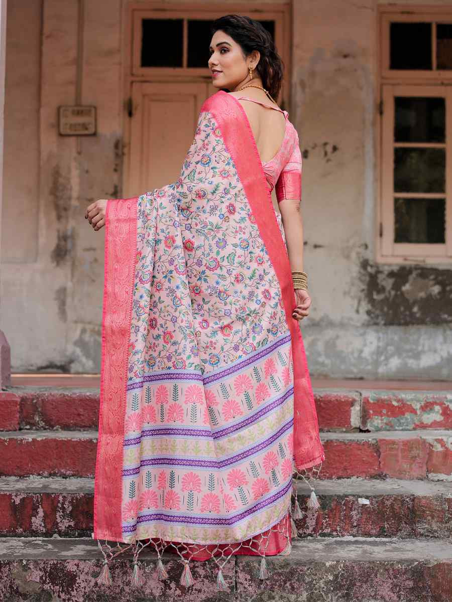 Light Peach Tussar Silk Zari Handwoven Printed Casual Reception Festival Wedding Fancy Heavy Border Saree