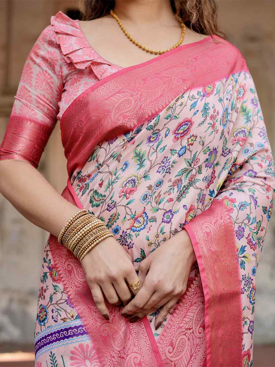 Light Peach Tussar Silk Zari Handwoven Printed Casual Reception Festival Wedding Fancy Heavy Border Saree