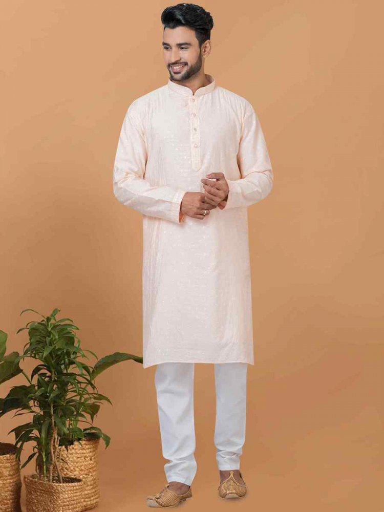 Light Peach Viscose Cotton Embroidered Festival Wedding Kurta