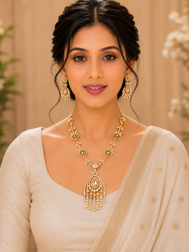 Image of Light Pink A.D. Stone Gemstone Festival Party Wedding Necklace Set With Earrings
