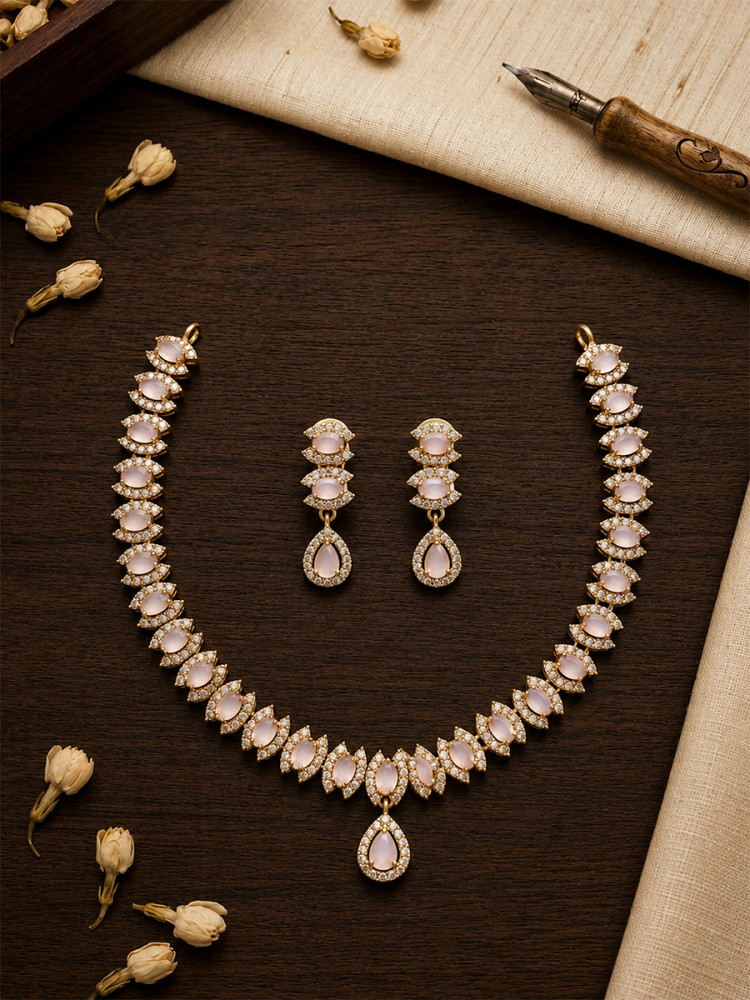 Image of Light Pink A.D. Stone Gemstone Stone Festival Party Wedding Necklace Set With Earrings