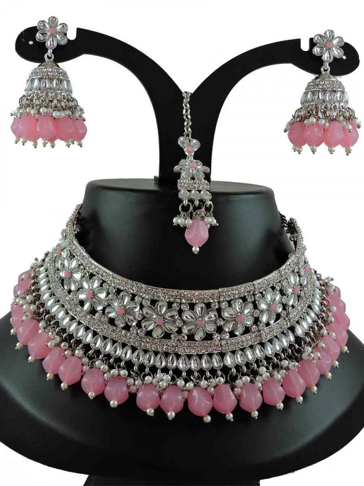 Light Pink Alloy Bridal Wear Diamonds Necklace