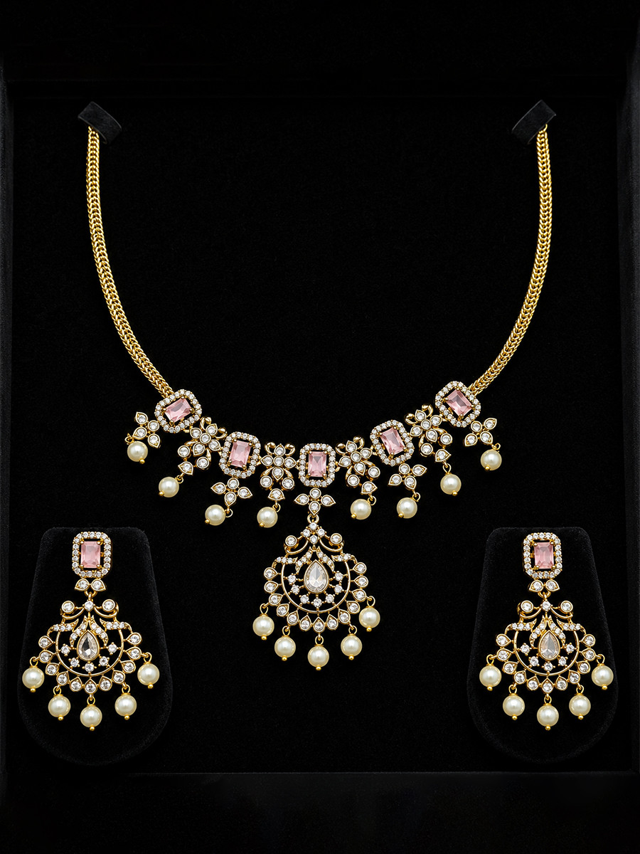 Light Pink Alloy Gemstone Pearls Festival Party Wedding Necklace