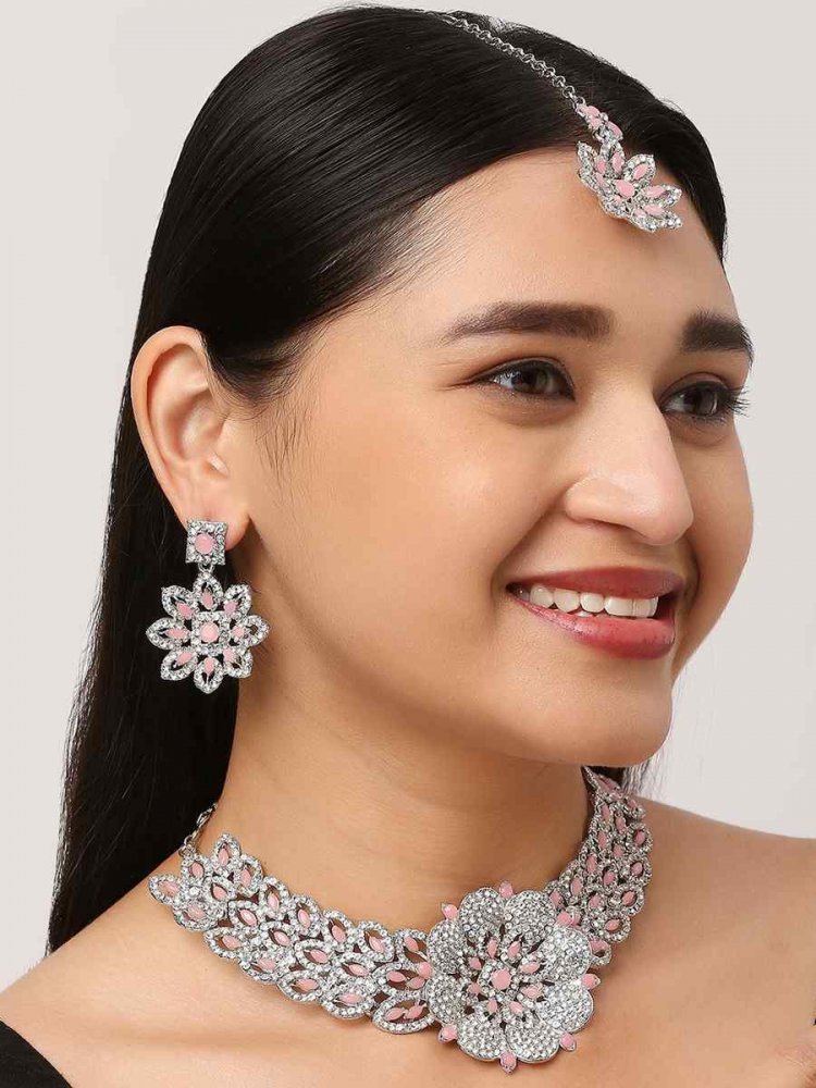 Light Pink Alloy Wedding Wear Stone Necklace