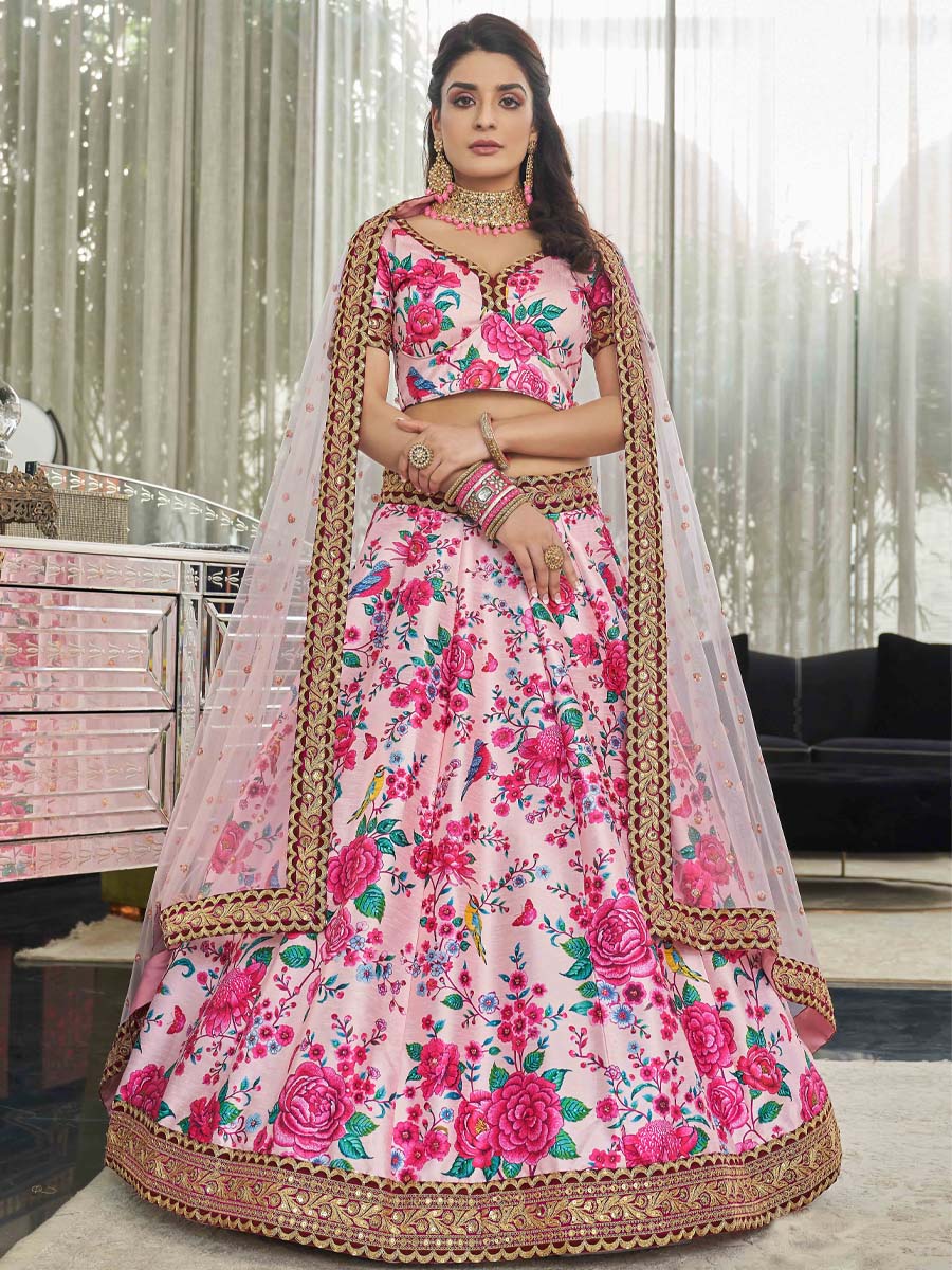 Light Pink Art Silk Embroidered Festival Wedding Circular Lehenga Choli