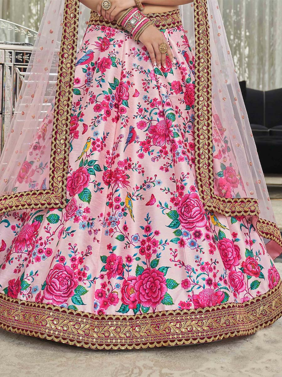 Light Pink Art Silk Embroidered Festival Wedding Circular Lehenga Choli