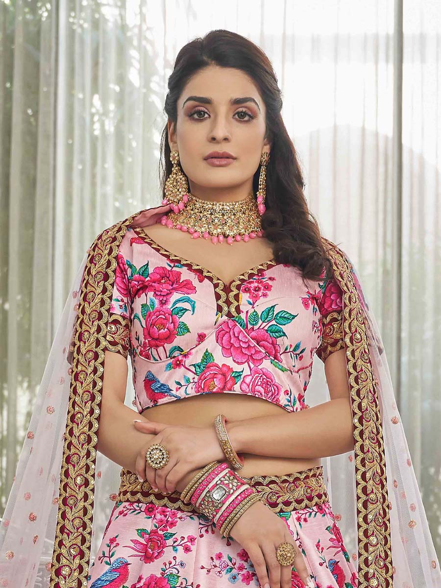 Light Pink Art Silk Embroidered Festival Wedding Circular Lehenga Choli