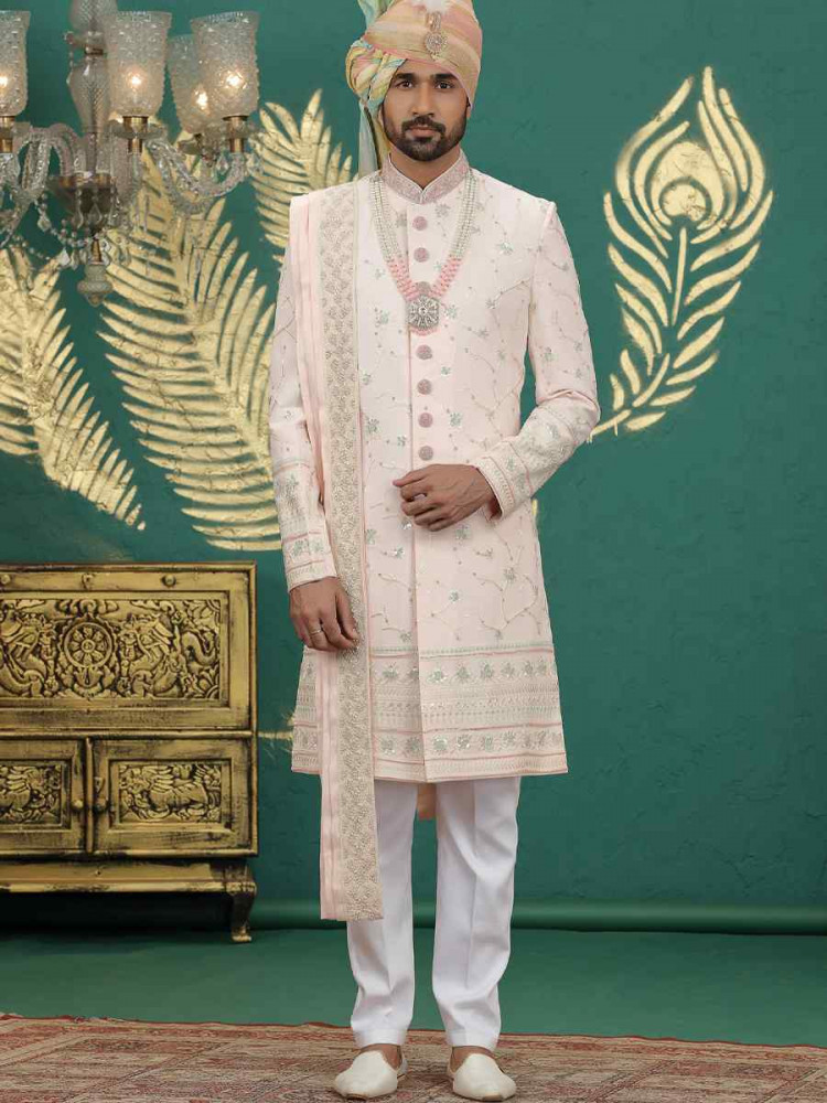 Image of Light Pink Art Silk Embroidered Festival Wedding Mens Sherwani