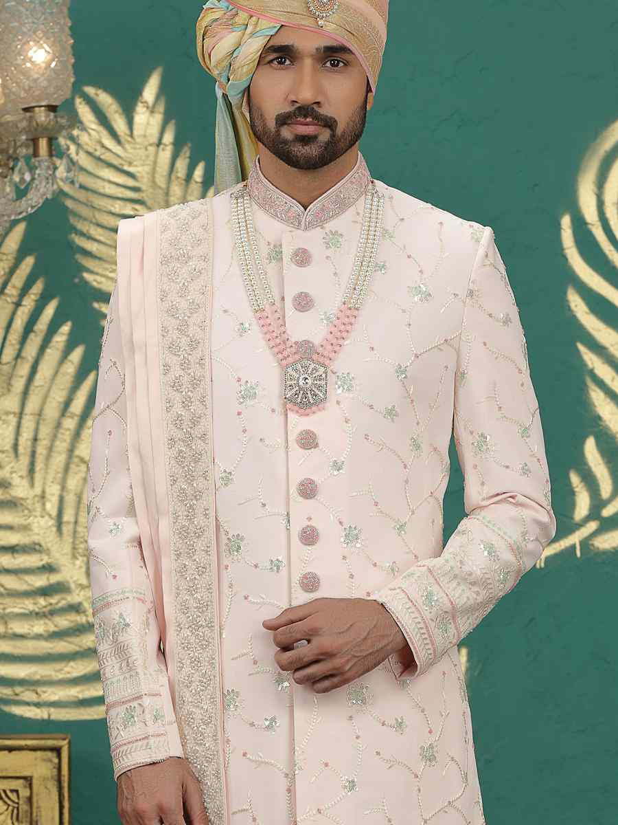 Light Pink Art Silk Embroidered Festival Wedding Mens Sherwani