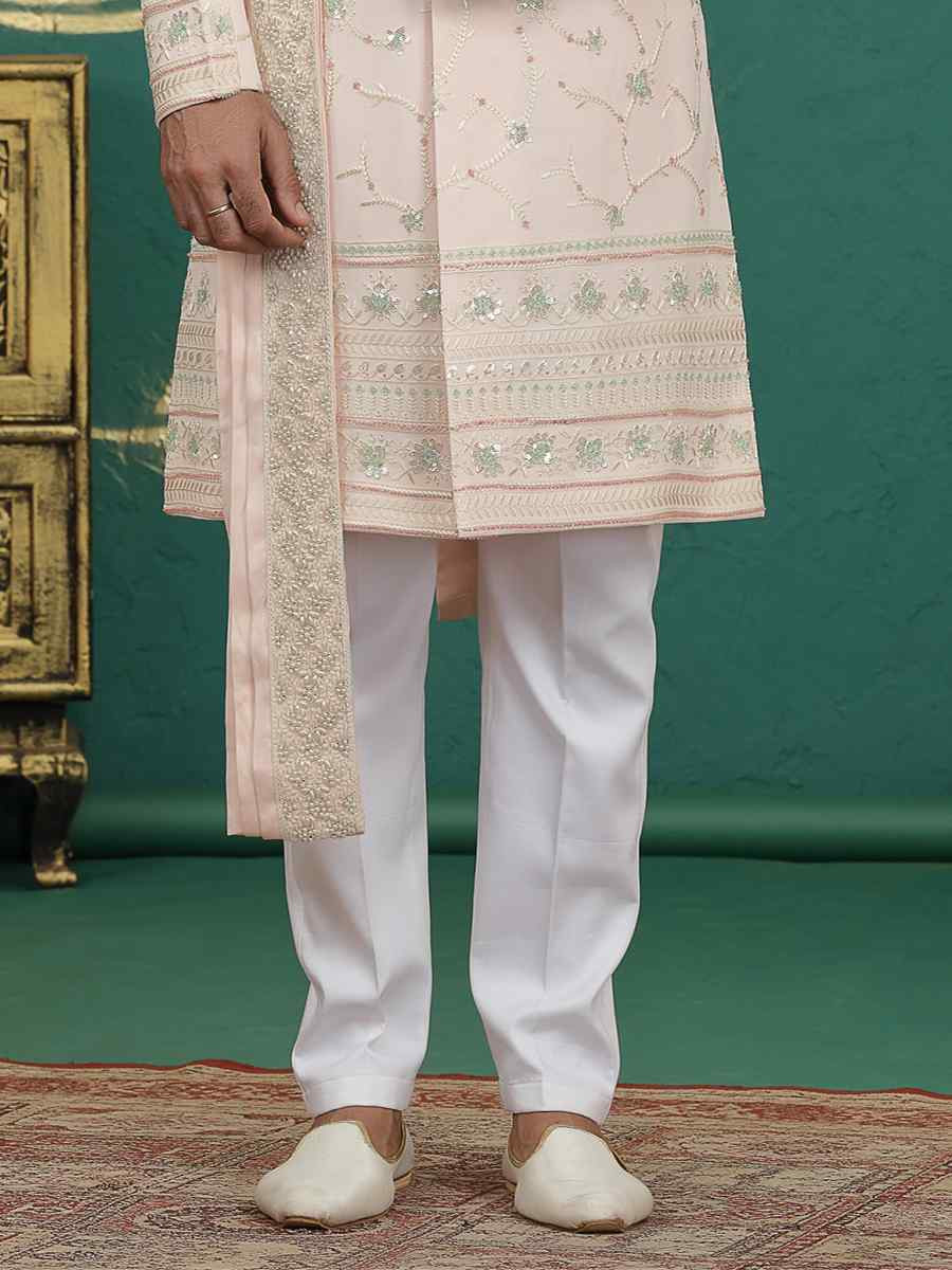 Light Pink Art Silk Embroidered Festival Wedding Mens Sherwani