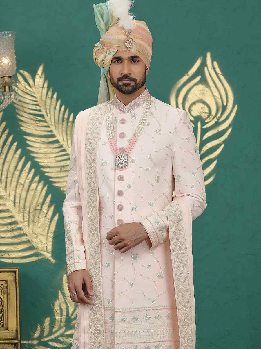 Light Pink Art Silk Embroidered Festival Wedding Mens Sherwani