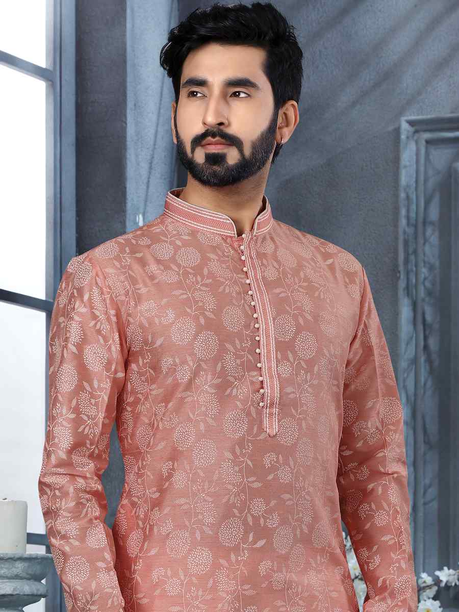 Light Pink Art Silk Woven Festival Party Kurta