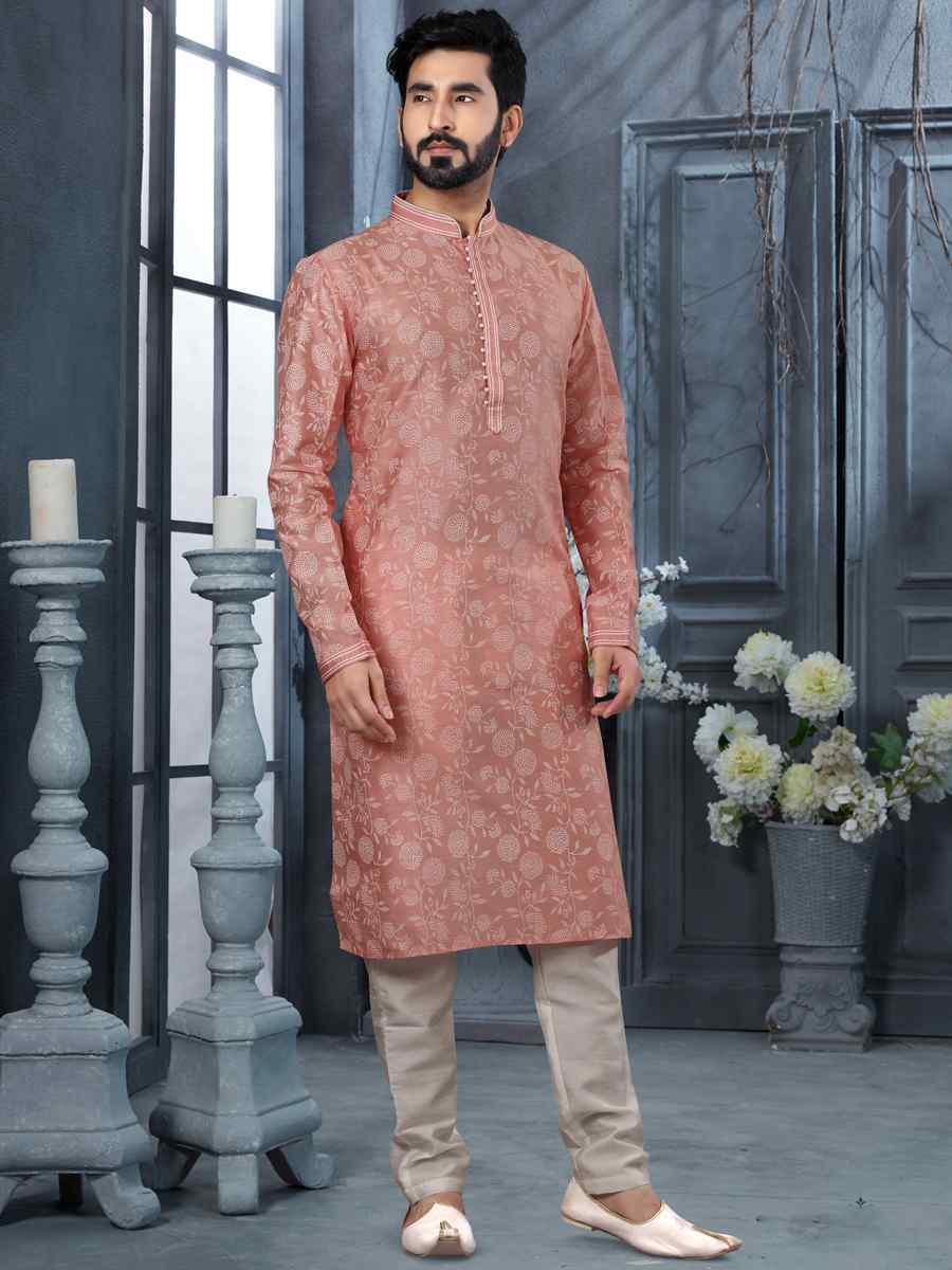 Light Pink Art Silk Woven Festival Party Kurta