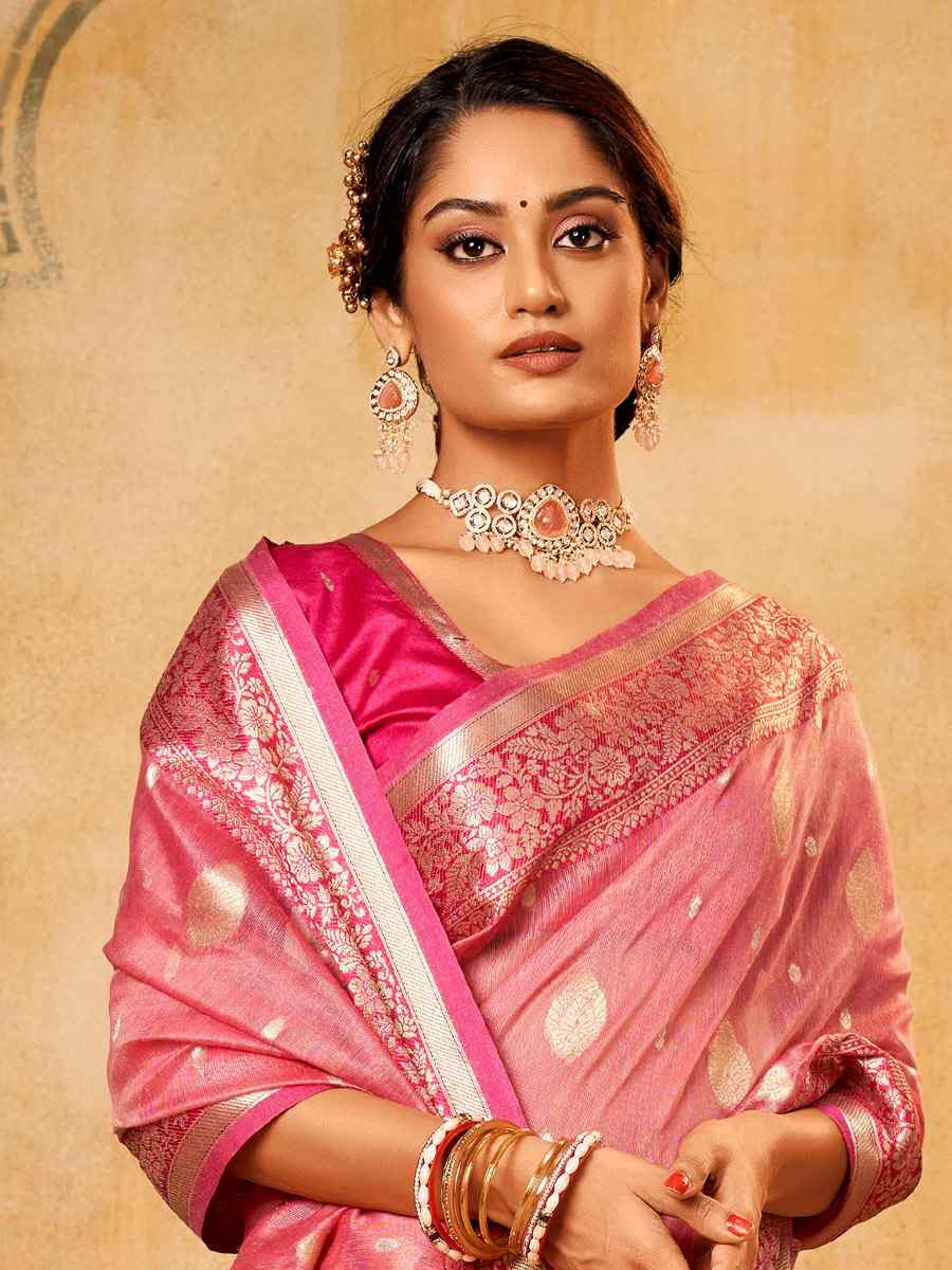 Light Pink Banarasi Silk Tissue Handwoven Festival Wedding Fancy Heavy Border Saree