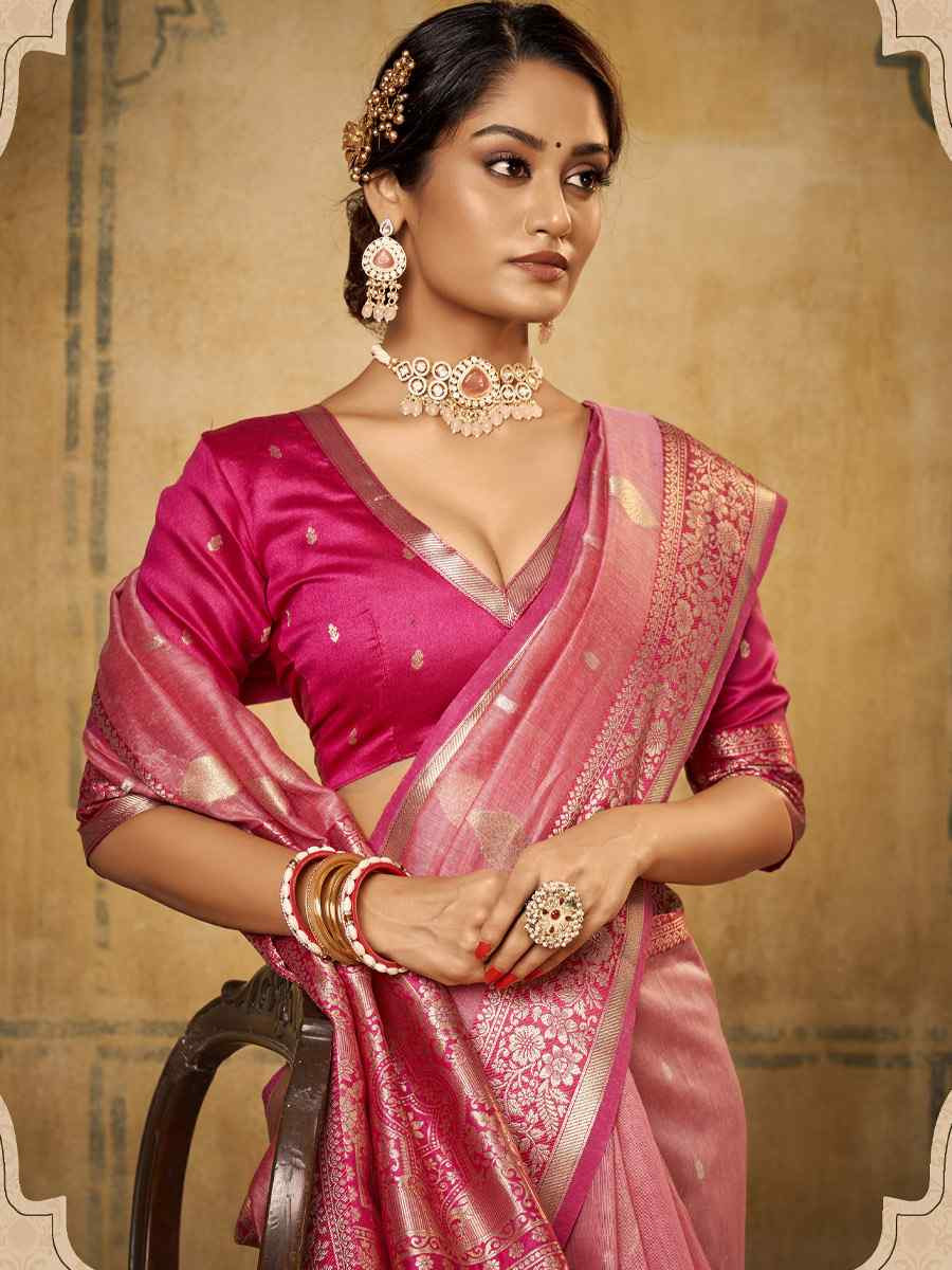 Light Pink Banarasi Silk Tissue Handwoven Festival Wedding Fancy Heavy Border Saree