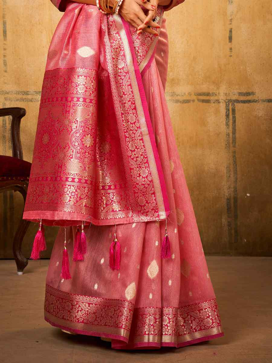 Light Pink Banarasi Silk Tissue Handwoven Festival Wedding Fancy Heavy Border Saree