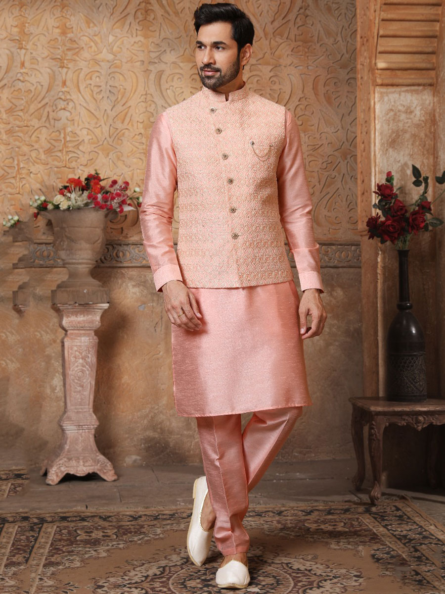 Light Pink Banarasi Silk Wedding And Festival Plain Kurta with Waistcoat