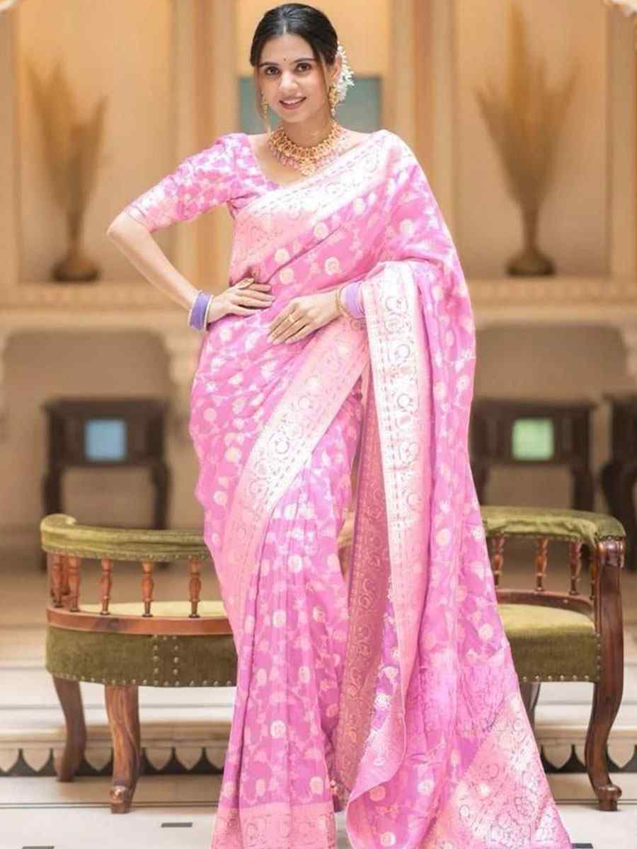 Light Pink Banarasi Soft Silk Handwoven Wedding Festival Heavy Border Saree
