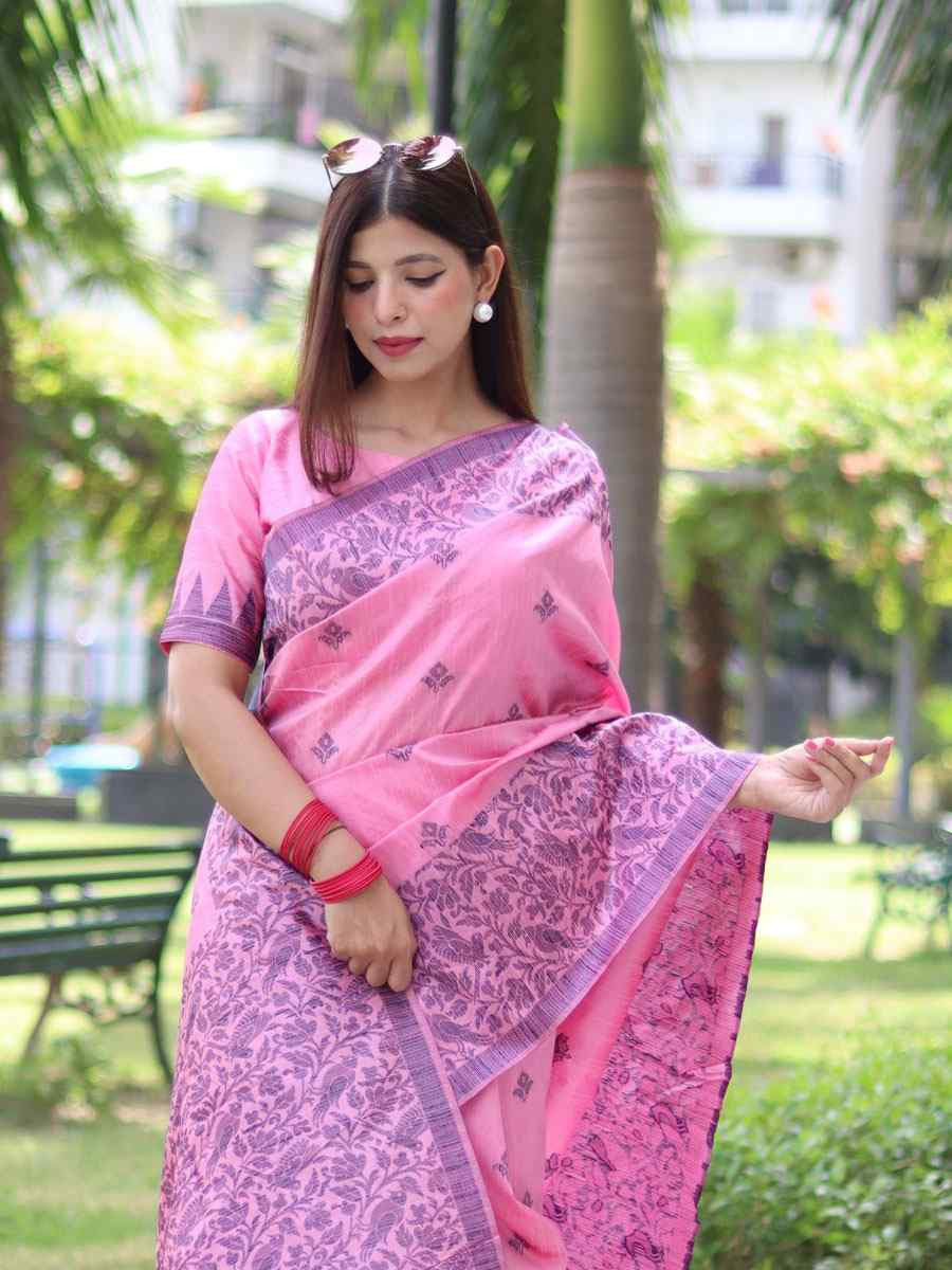 Light Pink Banglori Handloom Raw Silk Handwoven Casual Reception Festival Wedding Fancy Classic Style Sarees