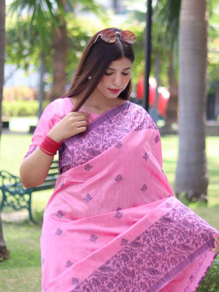 Light Pink Banglori Handloom Raw Silk Handwoven Casual Reception Festival Wedding Fancy Classic Style Sarees