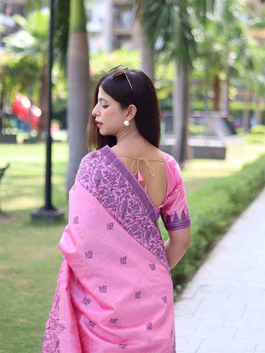 Light Pink Banglori Handloom Raw Silk Handwoven Casual Reception Festival Wedding Fancy Classic Style Sarees