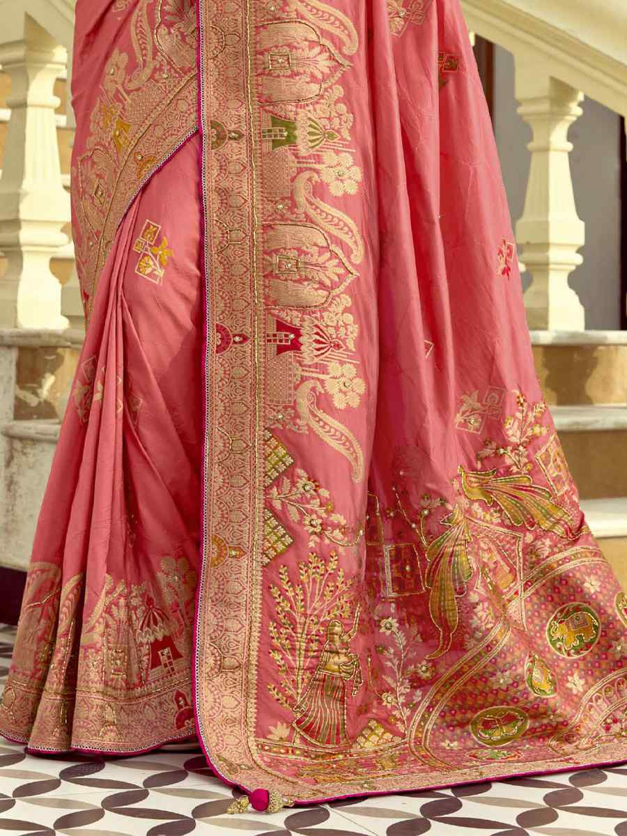 Light Pink Black Viscose Handwoven Festival Wedding Fancy Heavy Border Saree